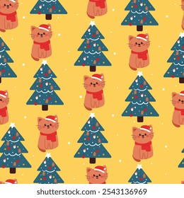 seamless pattern cartoon cat with christmas tree. cute christmas and winter wallpaper for fabric print, gift wrap paper