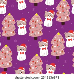 seamless pattern cartoon cat with christmas tree. cute christmas and winter wallpaper for fabric print, gift wrap paper