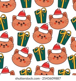 seamless pattern cartoon cat with christmas gift. cute christmas and winter wallpaper for fabric print, gift wrap paper