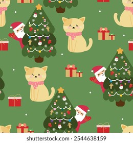 Seamless pattern cartoon cat with christmas tree. and santa claus cute christmas and winter wallpaper for fabric print, gift wrap paper