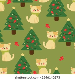 Seamless pattern cartoon cat with christmas tree and stuff. cute christmas wallpaper for fabric print, gift