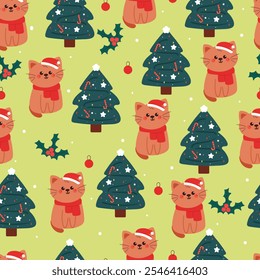 seamless pattern cartoon cat with christmas tree. cute christmas and winter wallpaper for fabric print, gift wrap paper