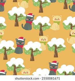 Padrão sem emenda desenho animado gato natal. bonito natal e inverno papel de parede para impressão de tecido, papel de embrulho de presente