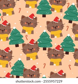 seamless pattern cartoon cat with christmas tree. cute christmas and winter wallpaper for fabric print, gift wrap paper