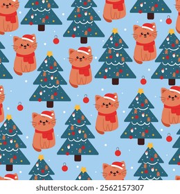 seamless pattern cartoon cat with christmas tree. cute christmas and winter wallpaper for fabric print, gift wrap paper