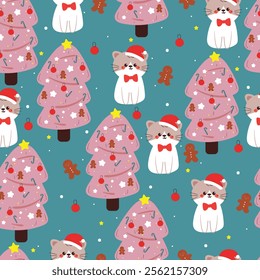 seamless pattern cartoon cat with christmas tree. cute christmas and winter wallpaper for fabric print, gift wrap paper