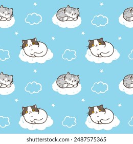 Patrón sin fisuras con el gato de la historieta y el diseño de la nube sobre fondo azul