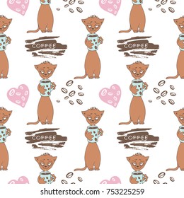 Seamless pattern with a cartoon cat with a cup of coffee, decorated with a pink heart, an inscription and coffee beans. Vector image.