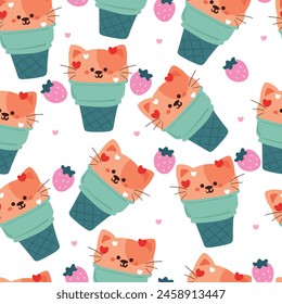 seamless pattern cartoon cat with cute dessert. cute animal wallpaper illustration for gift wrap paper