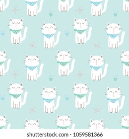 Seamless Pattern of Cartoon Cat Design on Pastel Green Background