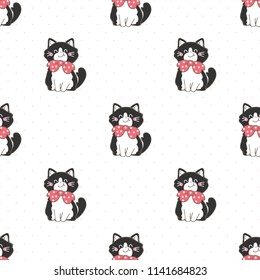 Seamless Pattern of Cartoon Cat Design on White Background with Dots
