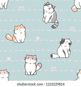 Seamless Pattern of Cartoon Cat Design on Green Background with Dash Lines and Hearts