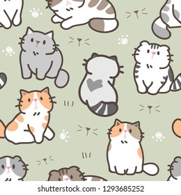 Seamless Pattern with Cartoon Cat Design on Green Background