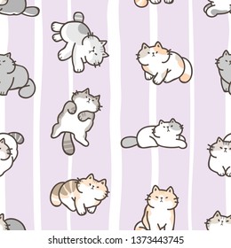Seamless Pattern of Cartoon Cat Design on Pastel Purple Background with White Wavy Lines