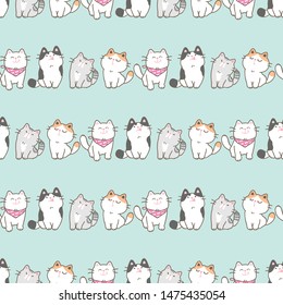 Seamless Pattern of Cartoon Cat Design on Pastel Green Background