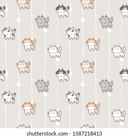 Seamless Pattern with Cartoon Cat Design on Warm Grey Background with White Lines and Dots