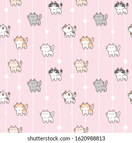 Seamless Pattern of Cartoon Cat Design on Pink Background with White Lines and Dots