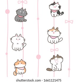 Seamless Pattern of Cartoon Cat Design on White Background with Pink Lines