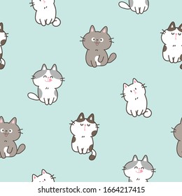 Seamless Pattern of Cartoon Cat Design on Light Green Background