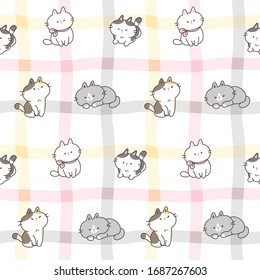 Seamless Pattern Of Cartoon Cat Design On Pastel Plaid Background