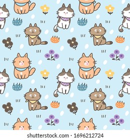 Seamless Pattern of Cartoon Cat Design on Blue Background