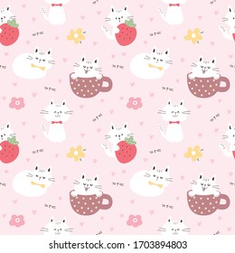 Seamless Pattern of Cartoon Cat Design on Light Pink Background