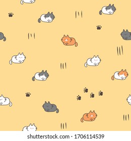 Seamless Pattern of Cartoon Cat Design on Yellow Background