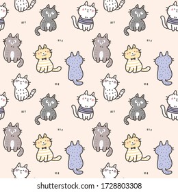 Nahtloses Muster mit Cartoon Cat Design auf beigefarbenem Hintergrund