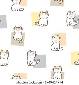 Seamless Pattern of Cartoon cat Design on White Background with Pastel Square