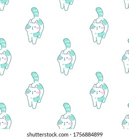 Seamless Pattern with Cartoon Cat Design on White Background