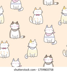 Seamless Pattern of Cartoon Cat Design on Beige Color Background