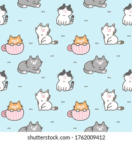 Nahtlose Muster des Cartoon Cat Design auf hellblauem Hintergrund