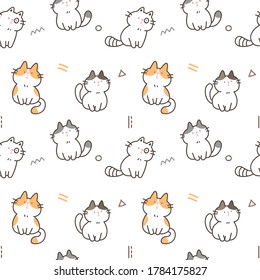 Seamless Pattern with Cartoon Cat Design on White Background