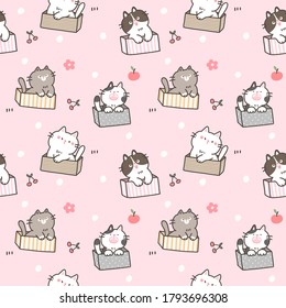Seamless Pattern with Cartoon Cat Design on Pink Background