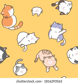 Seamless Pattern of Cartoon Cat Design on Yellow Background
