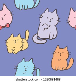 Seamless Pattern of Cartoon Cat Design on Blue Violet Background