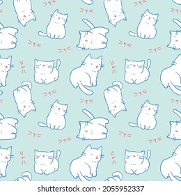 Seamless Pattern with Cartoon Cat Design on Pastel Green Background