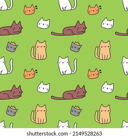 Seamless Pattern with Cartoon Cat Design on Green Background