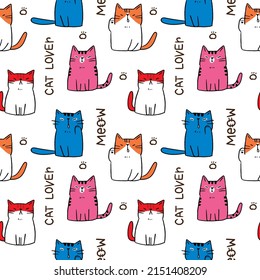 Seamless Pattern with Cartoon Cat Design on White Background