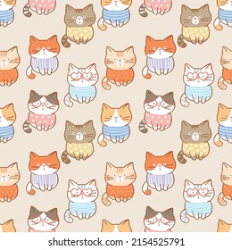 Nahtloses Muster mit Cartoon Cat Design auf hellbraunem Hintergrund
