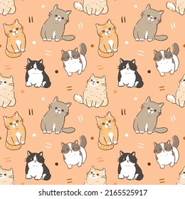 Seamless Pattern of Cartoon Cat Design on Orange Color Background