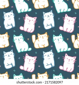 Seamless Pattern with Cartoon Cat Design on Dark Blue Background