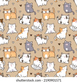 Seamless Pattern with Cartoon Cat Design on Brown Background