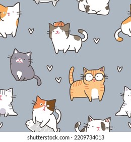 Seamless Pattern with Cartoon Cat  Design on Grey Background