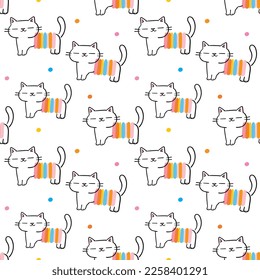 Seamless Pattern with Cartoon Cat Design on White Background
