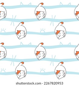 Diseño de gatos de dibujos animados en fondo blanco con líneas onduladas azules
