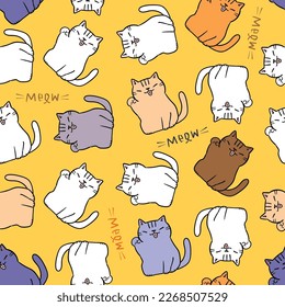 Seamless Pattern with Cartoon Cat Design on Yellow Background