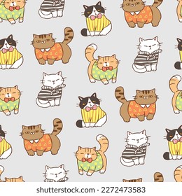 Seamless Pattern with Cartoon Cat Design on Light Grey Background