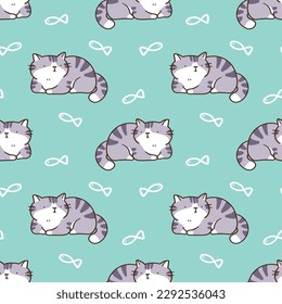 Seamless Pattern with Cartoon Cat Design on Pastel Green Background