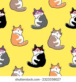 Seamless Pattern with Cartoon Cat Design on Yellow Background